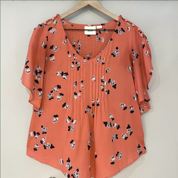 Anthro Maeve Coral Floral Flutter Pin-tuck Blouse Top - Picture 6 of 10